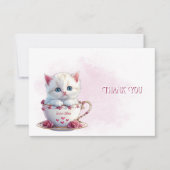Kitten in Cup Roze Bloemen Dank u kaart (Voorkant)
