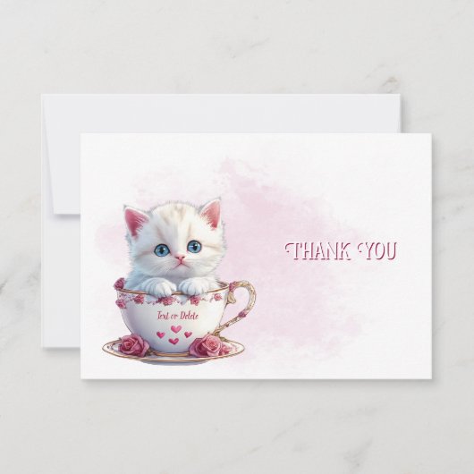 Kitten in Cup Roze Bloemen Dank u kaart (Voorkant)
