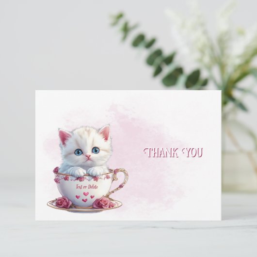 Kitten in Cup Roze Bloemen Dank u kaart (Staand voorkant)