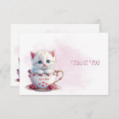 Kitten in Cup Roze Bloemen Dank u kaart (Voorkant / Achterkant)