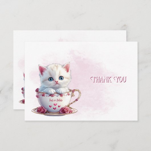 Kitten in Cup Roze Bloemen Dank u kaart (Voorkant / Achterkant)