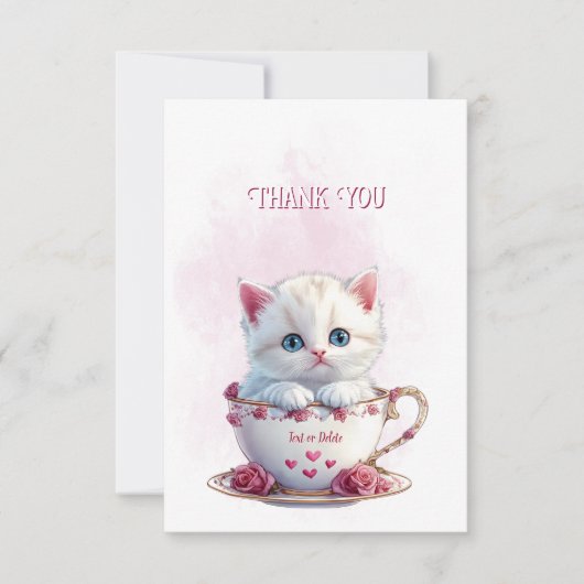 Kitten in Cup Roze Bloemen Dank u kaart (Voorkant)
