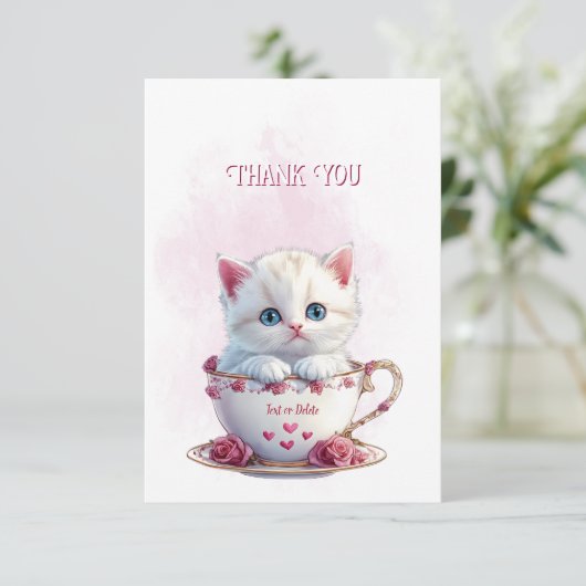 Kitten in Cup Roze Bloemen Dank u kaart (Staand voorkant)