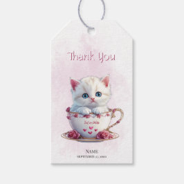 Kitten in Cup Roze Bloemen Gift Label Cadeaulabel