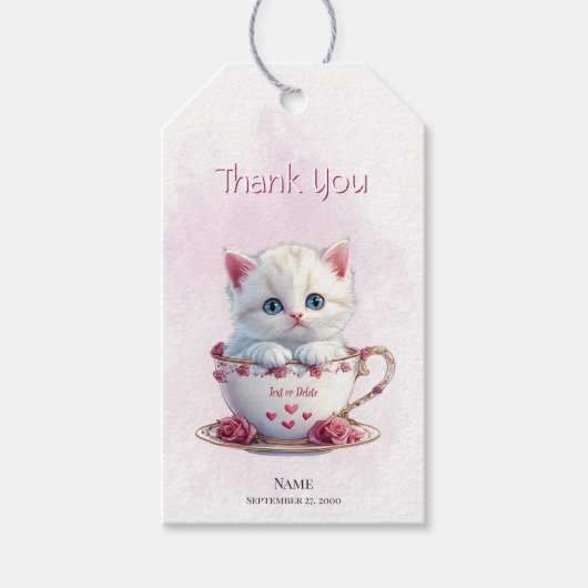 Kitten in Cup Roze Bloemen Gift Label Cadeaulabel (Voorkant)