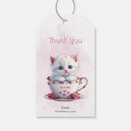 Kitten in Cup Roze Bloemen Gift Label Cadeaulabel (Achterkant)