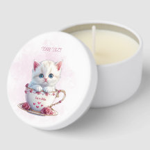 Kitten in Cup Roze Bloemen Mini Kaars Favorieten