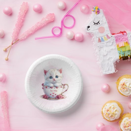 Kitten in Cup Roze Bloemen Papieren Kom (Feest)