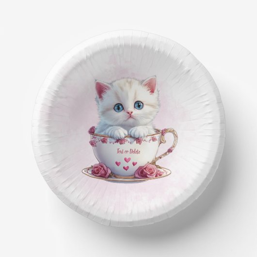Kitten in Cup Roze Bloemen Papieren Kom (Voorkant)