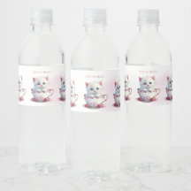 Kitten in Cup Roze Bloemen Water Fles Label