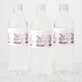 Kitten in Cup Roze Bloemen Water Fles Label Waterfles Etiket