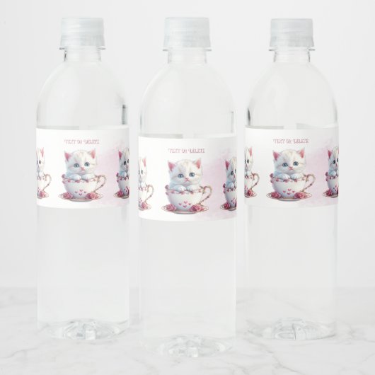 Kitten in Cup Roze Bloemen Water Fles Label Waterfles Etiket (Flessen)