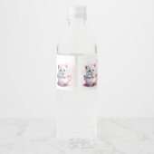 Kitten in Cup Roze Bloemen Water Fles Label Waterfles Etiket (Achterkant)