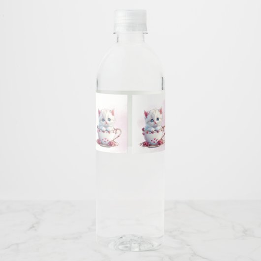 Kitten in Cup Roze Bloemen Water Fles Label Waterfles Etiket (Achterkant)