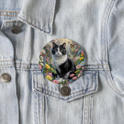 Kitten in de bloementuin ronde button 7,6 cm (In situ)