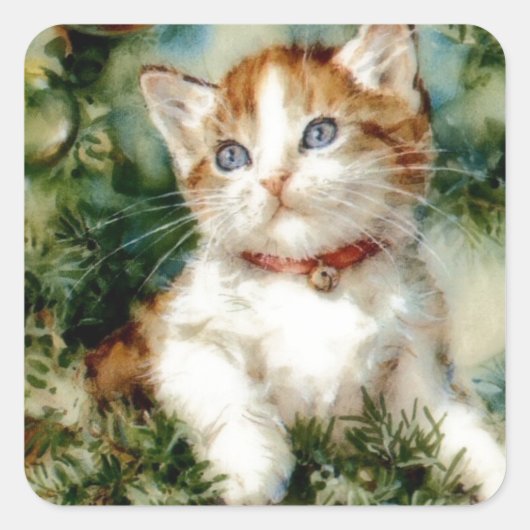 Kitten in de kerstboom vierkante sticker (Voorkant)