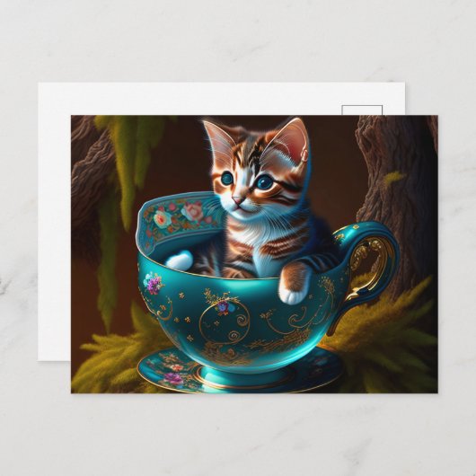 Kitten in een blauwe theepot - Kat Briefkaart (Voorkant / Achterkant)