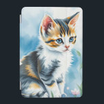 Kitten in een bloementuin iPad mini cover<br><div class="desc">Dit hartverwarmende afbeelding toont een schattig kitten met opvallende blauwe ogen en een mix van zwarte, witte en oranje vacht. De zachte, waterverf-achtige achtergrond, met zijn mix van blauw en witte tinten, verbetert de dromerige sfeer. De nieuwsgierige blik en ontspannen houding van het kitten voegen een gevoel van onschuld en...</div>