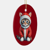 Kitten in een rode en witte kerst trui keramisch ornament (Rechts)