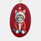 Kitten in een rode en witte kerst trui keramisch ornament (Links)