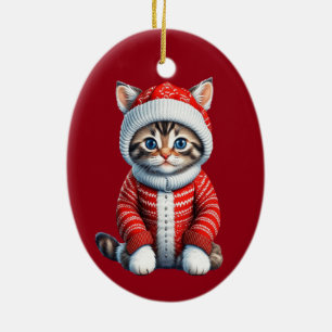 Kitten in een rode en witte kerst trui keramisch ornament
