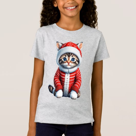 Kitten in een rode en witte kerst trui Kind T-shirt (Voorkant)
