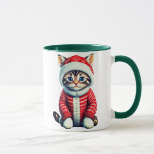 Kitten in een rode en witte kerst trui mok
