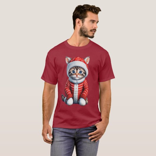 Kitten in een rode en witte kerst trui t-shirt (Voorkant volledig)