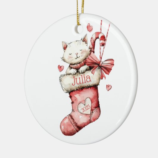Kitten in een Roze Kous Gepersonaliseerde Naam Dat Keramisch Ornament (Links)