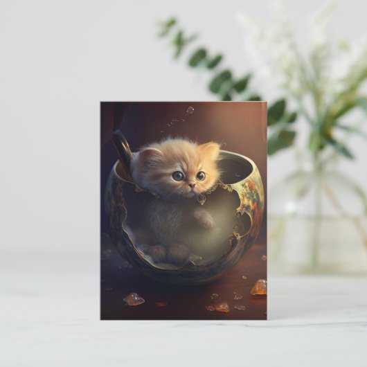Kitten in een transparante gebroken theekopje briefkaart (Staand voorkant)