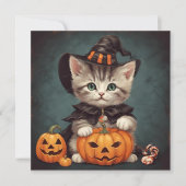 Kitten in Halloween kostuum en Jack-O'-Lantern Kaart (Voorkant)