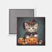 Kitten in Halloween kostuum en Jack-O'-Lantern Magneet (Voorkant / Achterkant)