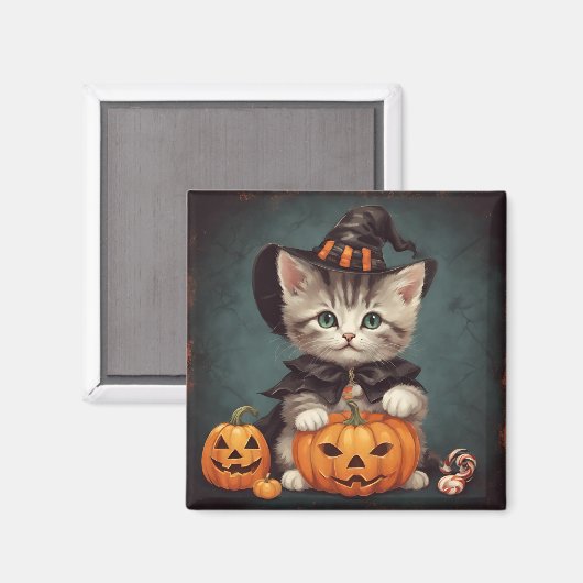 Kitten in Halloween kostuum en Jack-O'-Lantern Magneet (Voorkant / Achterkant)