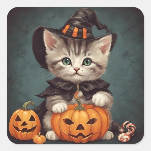Kitten in Halloween kostuum en Jack-O'-Lantern Vierkante Sticker (Voorkant)