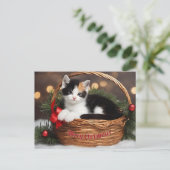 Kitten in het mandje feestdagenkaart (Staand voorkant)