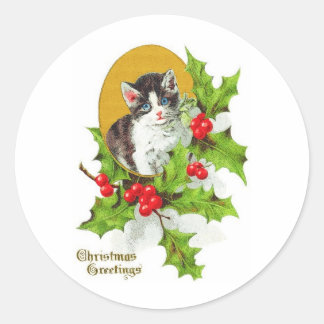 Kitten in Holly Vintage Kerst Stickers