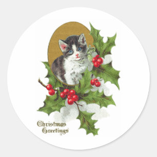 Kitten in Holly Vintage Kerstmis (H.SandyRelief) Ronde Sticker