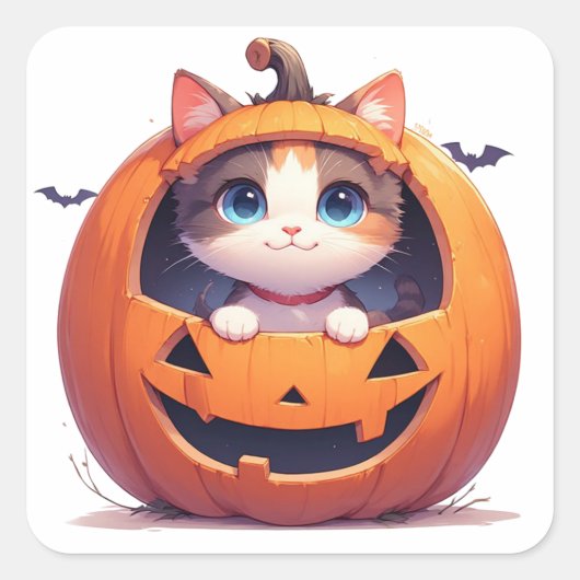 Kitten in Jack O Lantern Halloween Pret Fun 🎃 Vierkante Sticker (Voorkant)