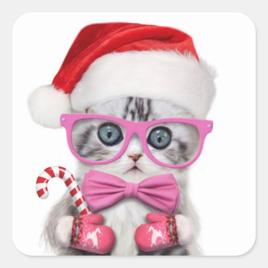 Kitten in kerstpet vierkante sticker (Voorkant)