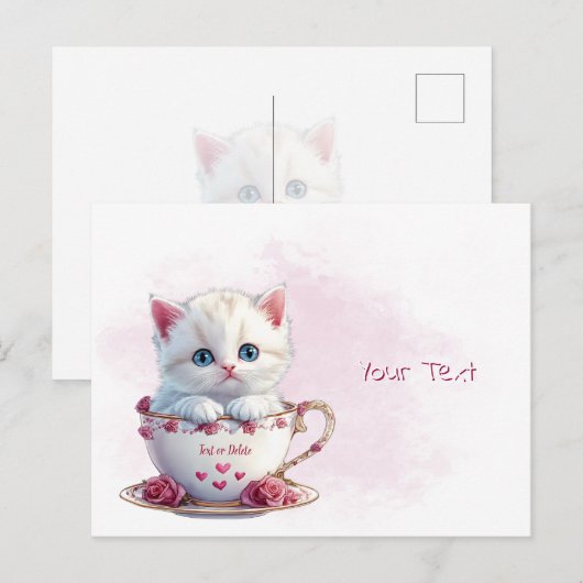 Kitten in kopje met roze bloemen ansichtkaart briefkaart (Voorkant / Achterkant)