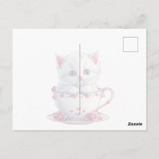 Kitten in kopje met roze bloemen ansichtkaart briefkaart (Achterkant)