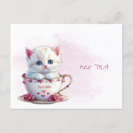 Kitten in mok met roze bloemen ansichtkaart briefkaart