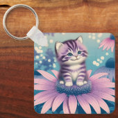 Kitten in paarse bloem sleutelhanger (Voorkant)