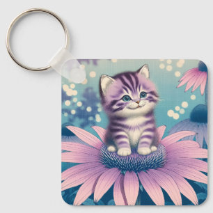 Kitten in paarse bloem sleutelhanger