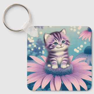 Kitten in paarse bloem sleutelhanger