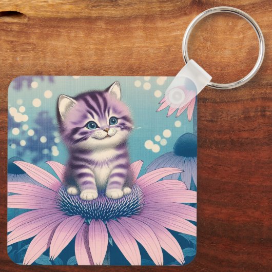 Kitten in paarse bloem sleutelhanger (Achterkant)