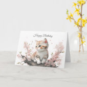 Kitten in Pink Flowers Birthday Kaart (Gele Bloem)