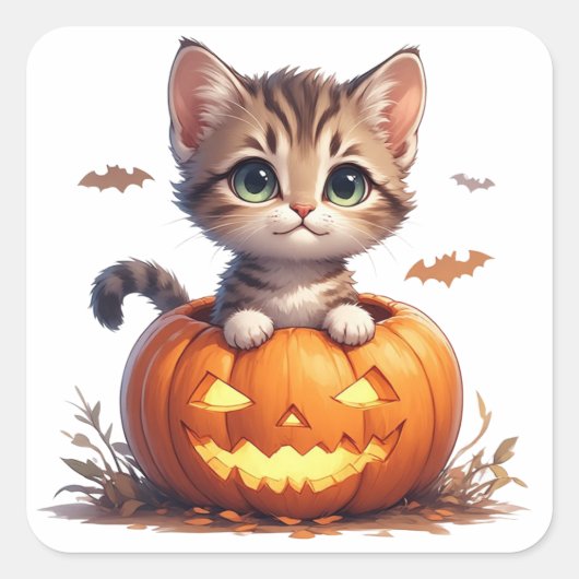 Kitten in Pompoen Halloween 🎃 Vierkante Sticker (Voorkant)