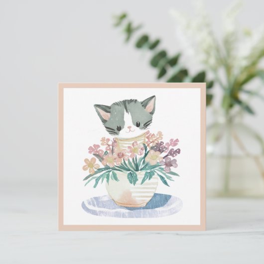 Kitten in pot met bloemen Welkom in uw nieuwe huis Kaart (Staand voorkant)