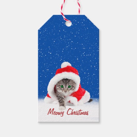 Kitten in Santa Hat en Snowflakes Cadeaulabel (Voorkant)